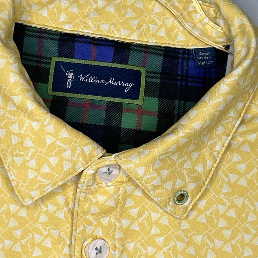 William Murray Golf Yellow Performance Mens Small Polo AOP Martini Print Preppy - Picture 4 of 10